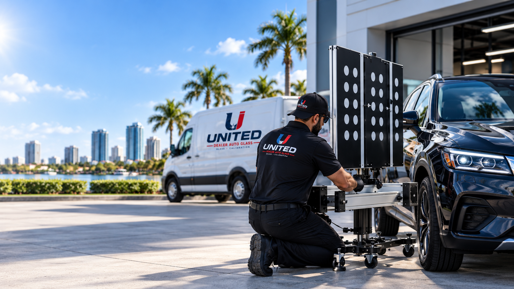 United Dealer Auto Glass ADAS calibration technician at dealership