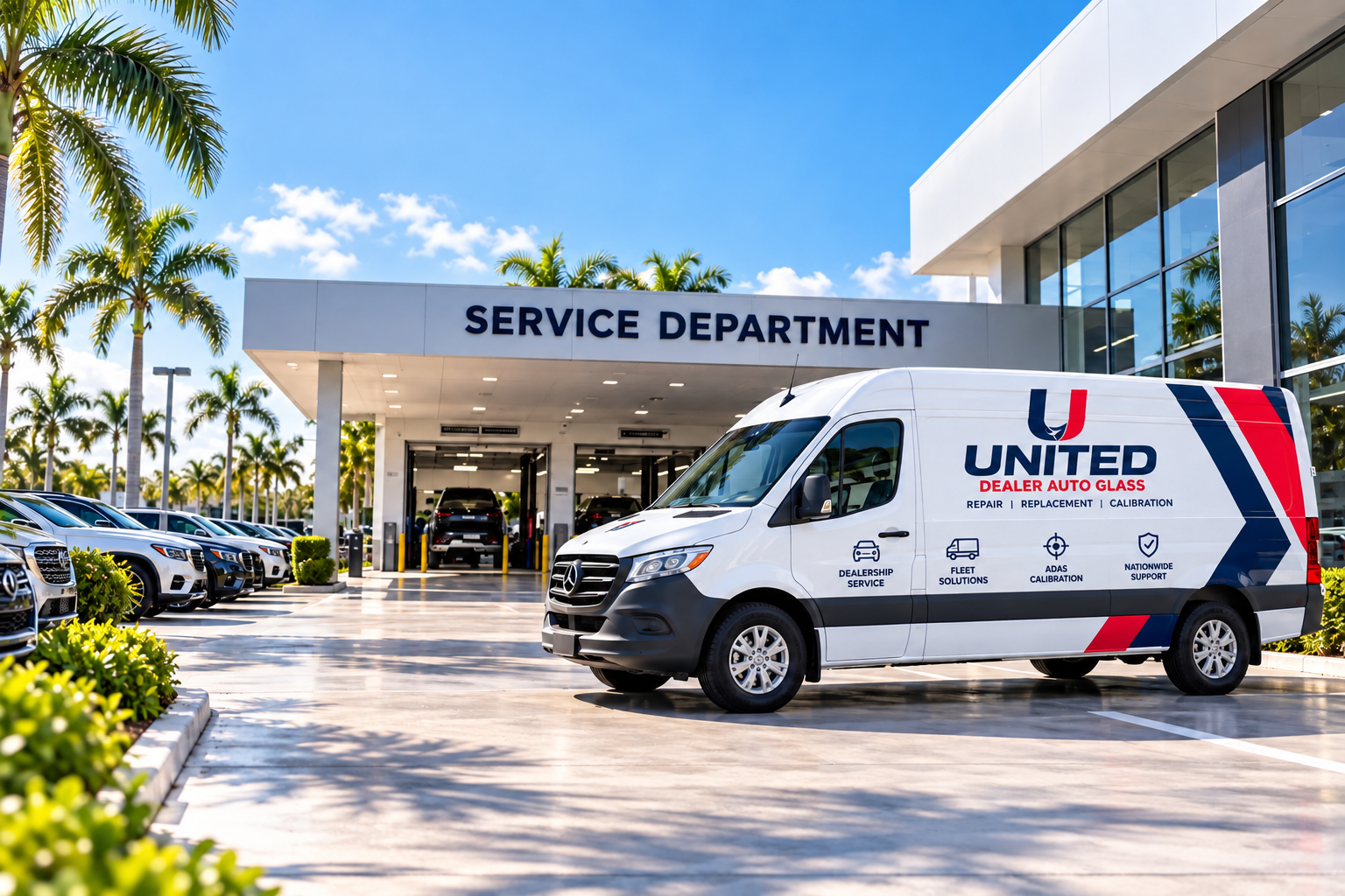 United Dealer Auto Glass van at dealership service drive