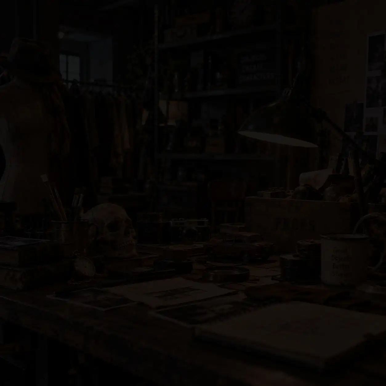 Styled interior set with vintage furniture, textured walls, warm lighting, and carefully placed props creating a lived in cinematic environment