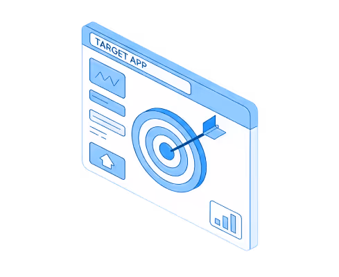Isometric illustration of a web browser window labeled 'Target App' showing a dart hitting the center of a target, with graphical icons and charts around it.