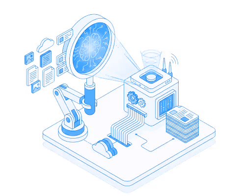 Isometric illustration of a robotic arm projecting a brain icon and processing data from cloud storage to generate organized document stacks.