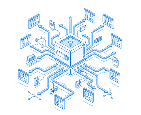 Isometric illustration of a central server box connected to multiple digital files and documents via blue circuit-like lines.