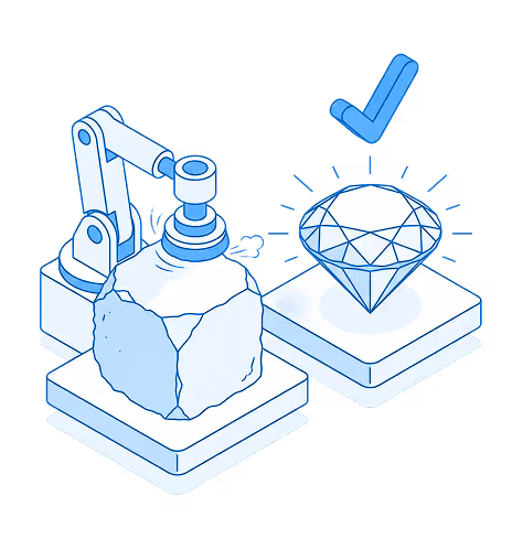 Illustration of a robotic arm polishing a rough rock into a sparkling diamond with a blue checkmark above it.