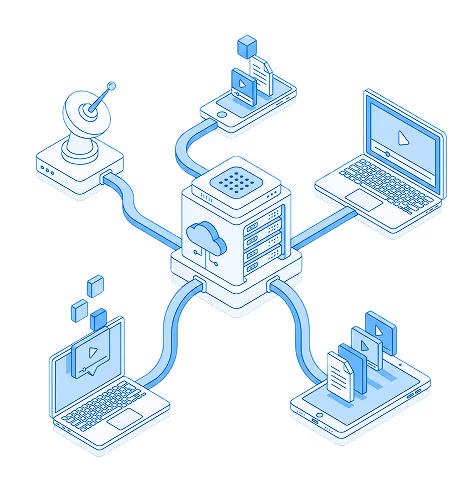 Isometric illustration of a cloud server connected to laptops, smartphone, and satellite for data sharing and streaming.