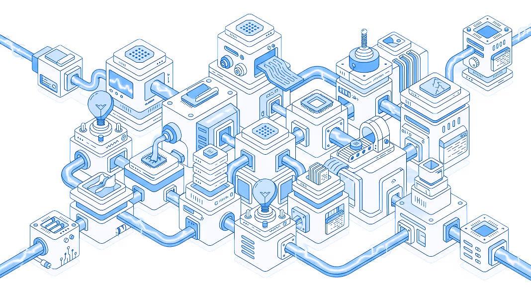Isometric illustration of interconnected blue and white machinery with pipes, light bulbs, and circuit components representing a complex technological network.