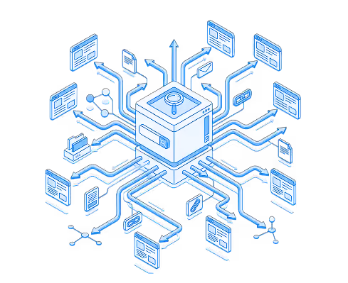 Isometric illustration of a central server box connected to multiple digital files and documents via blue circuit-like lines.