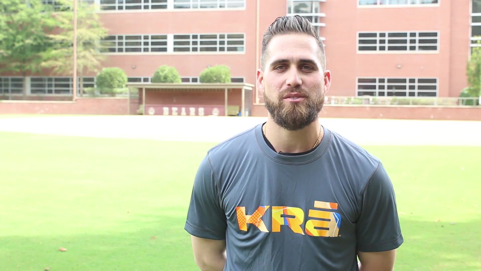 Atlanta Braves outfielder Ender Inciarte wearing a KRā shirt during the 2018 KRā for Play sports gear giveaway.