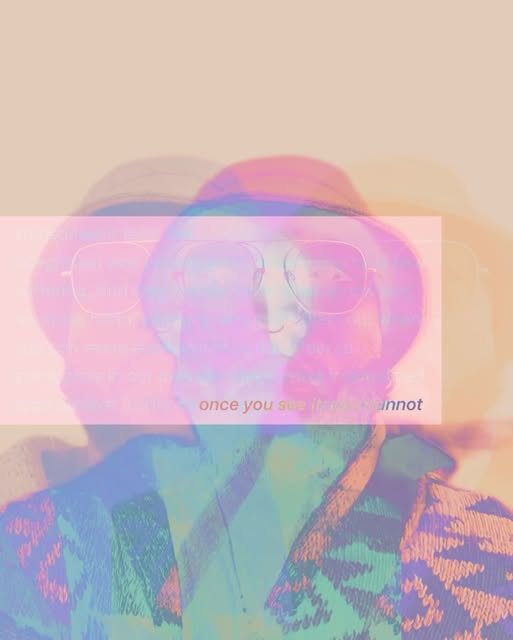 a layered pink and teal figure in a bucket hat, the words once you see crossing the image.