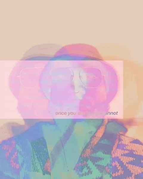 a layered pink and teal figure in a bucket hat, the words once you see crossing the image.