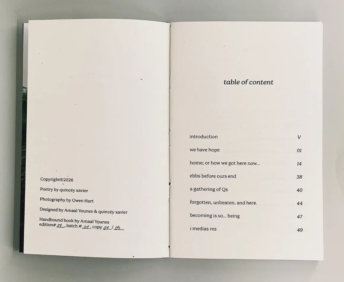 the book open to the table of content, eight entries, with the edition, batch and copy numbers written in by hand on the facing page.