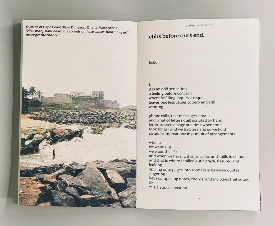 a photograph of rocks, surf and a castle on the shore, facing the opening lines of the poem ebbs before ours end.