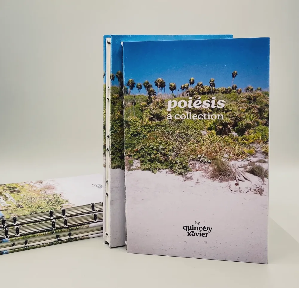 two copies standing, with a small stack of more copies lying beside them, sewn spines facing out.