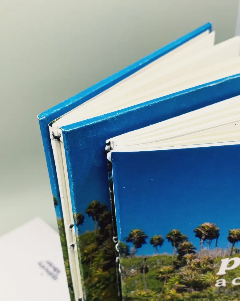 a close view of the top corners of two copies, one hardcover and one softcover, showing the pages gathered and sewn by hand with dark thread.