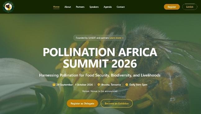 The image is a webpage layout for the Pollination Africa Summit, scheduled for 2026, focusing on pollination for food security and biodiversity, with registration options for delegates and exhibitors.AI-generated content may be incorrect.