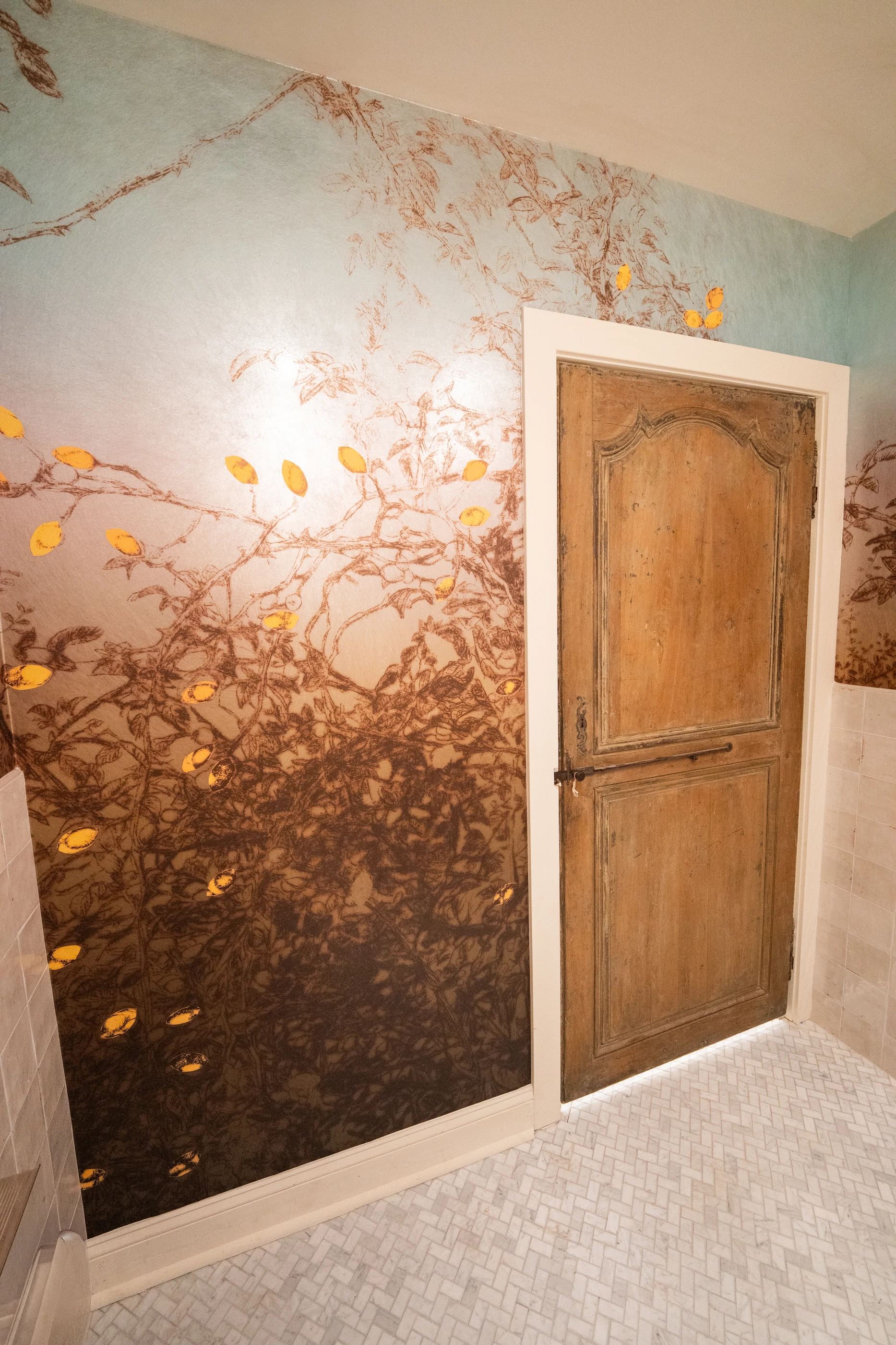 Hart scenic wallcovering with flowering branches beside an aged paneled door.