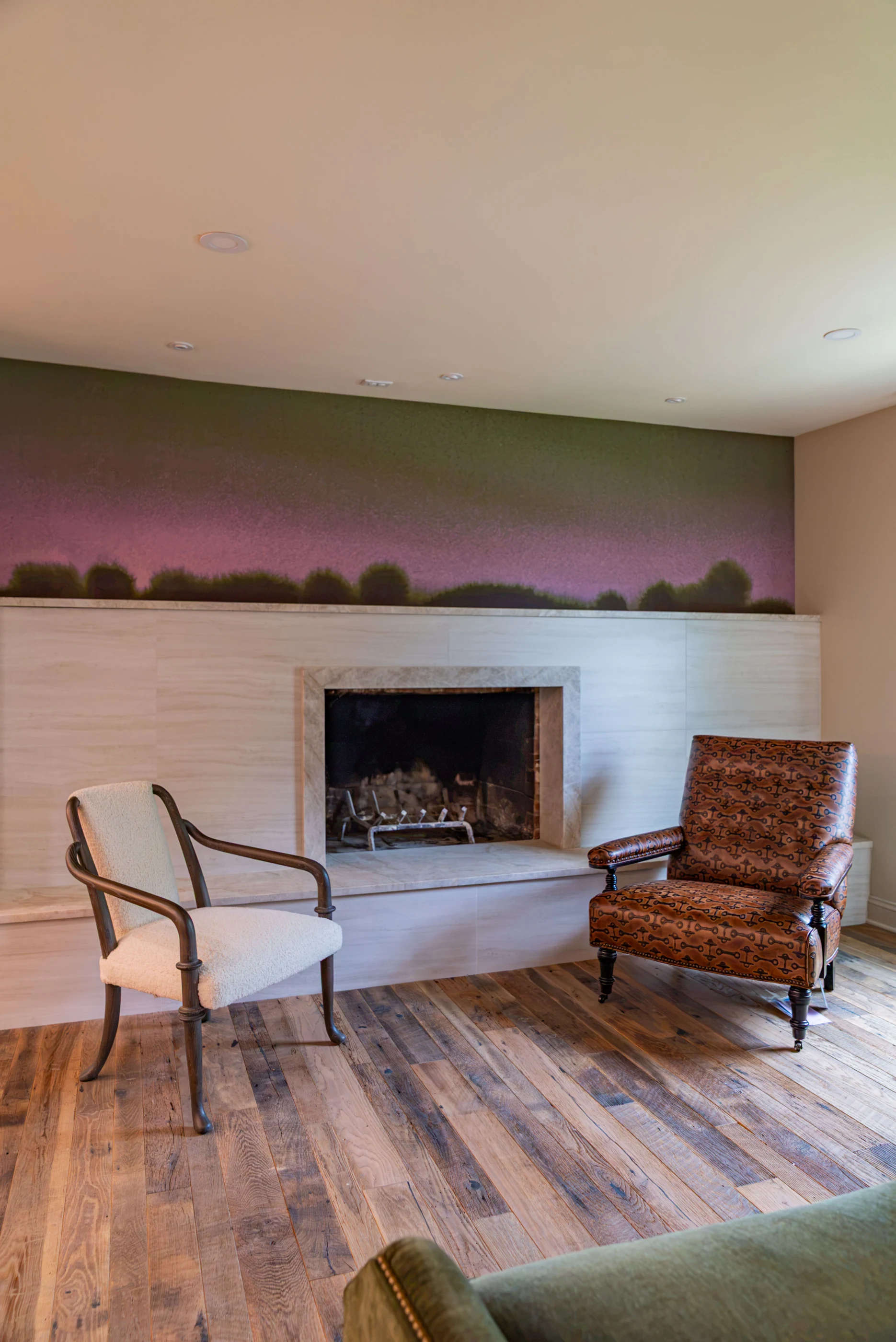 Fireplace and layered seating at Hart Townhouse.