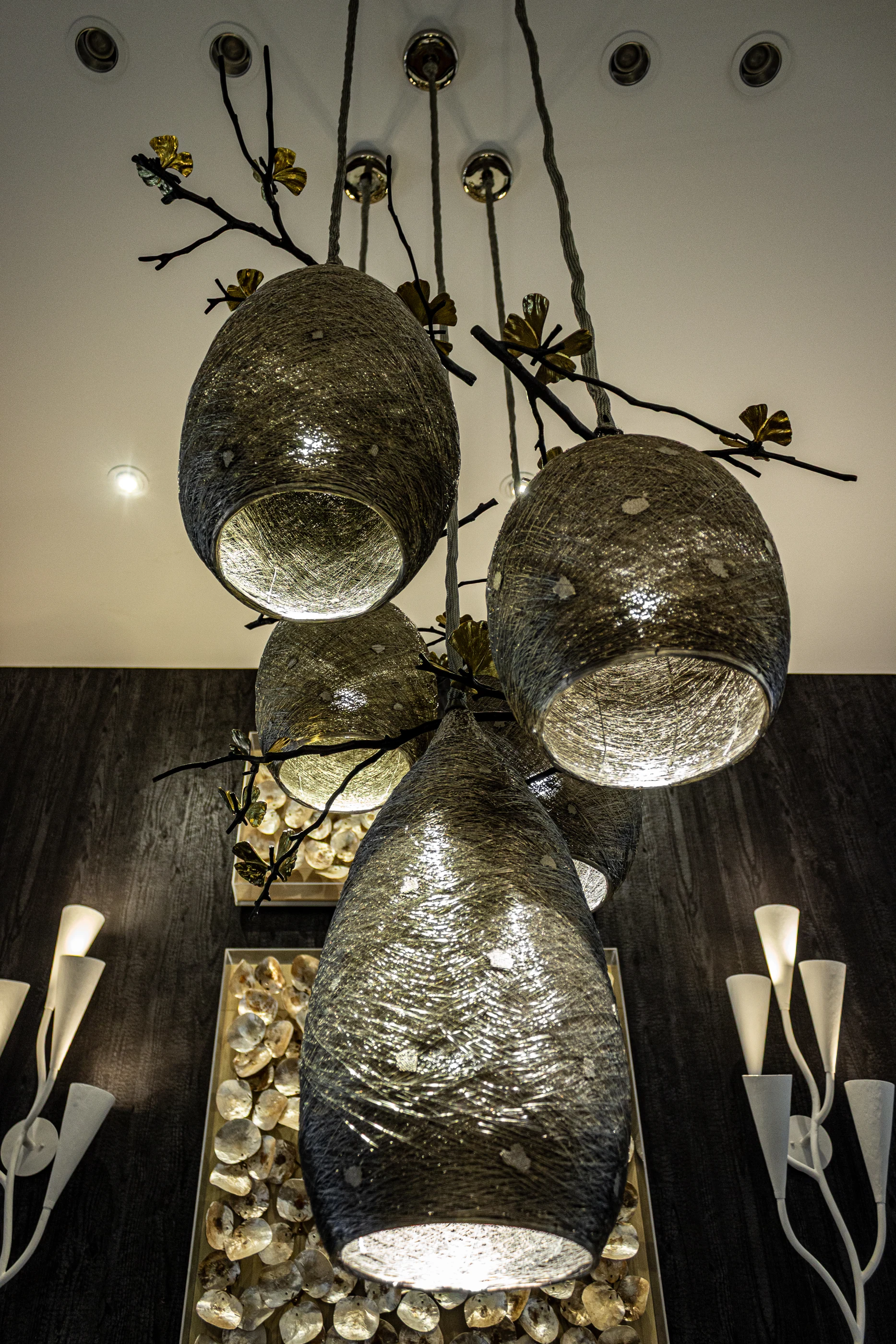 Organic pendant lights above the dining area at Urban Mod.
