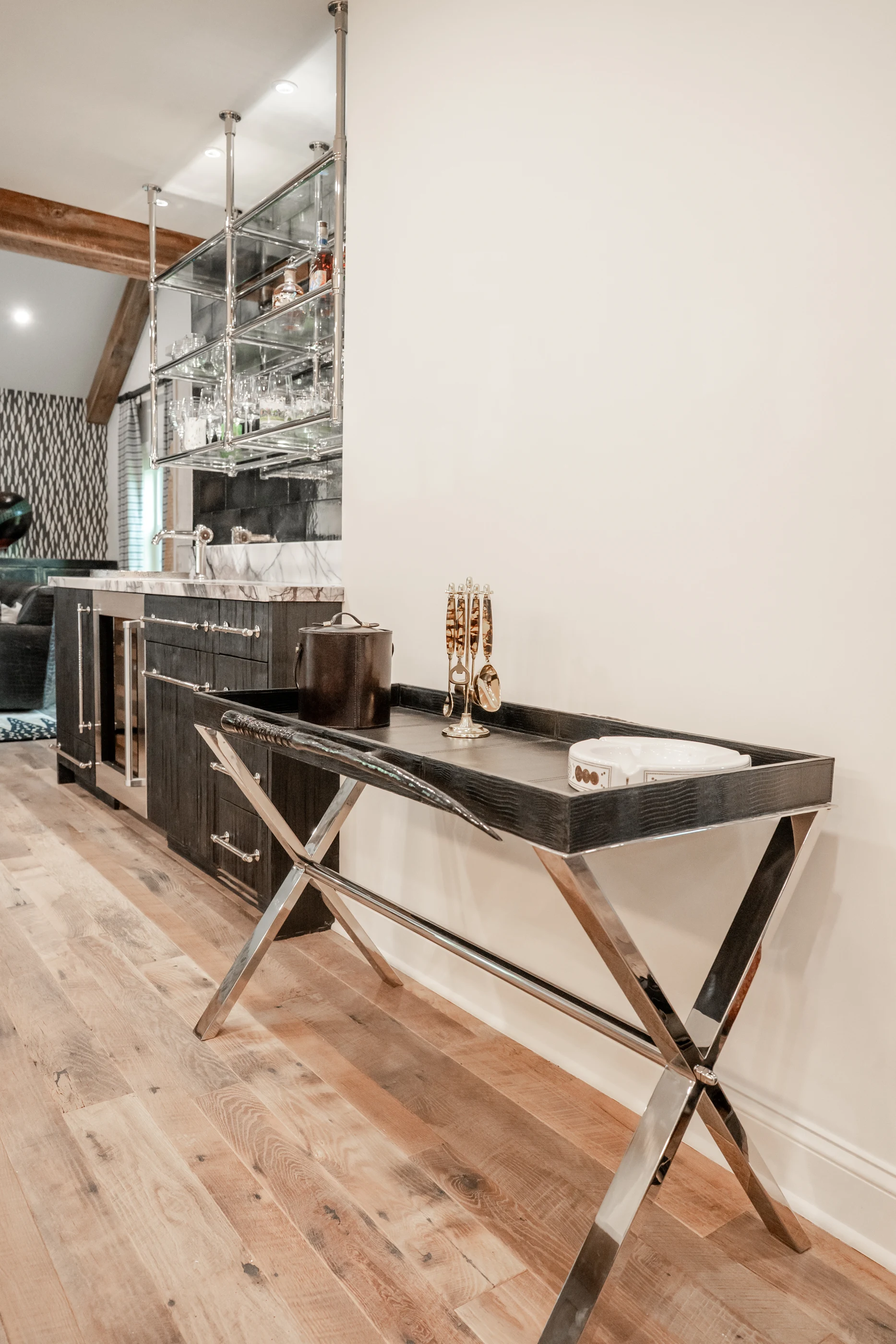 Timber console and adjoining bar at Hart Townhouse.