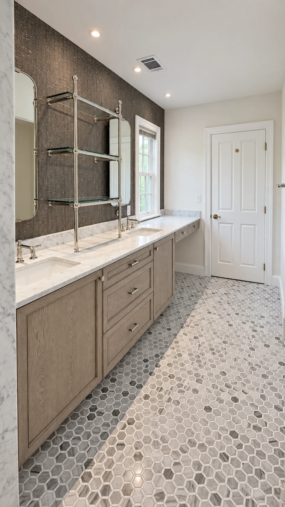 Lakeside bathroom with a long double vanity, pale cabinetry and detailed stone surfaces.