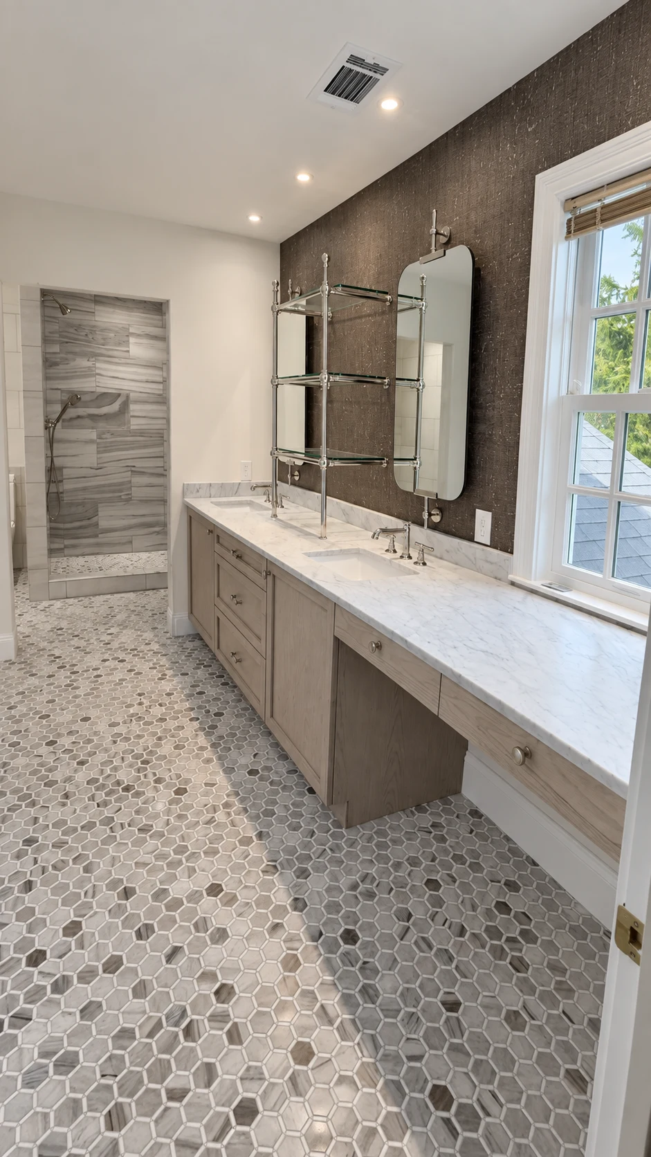 Lakeside vanity and glass-enclosed shower.