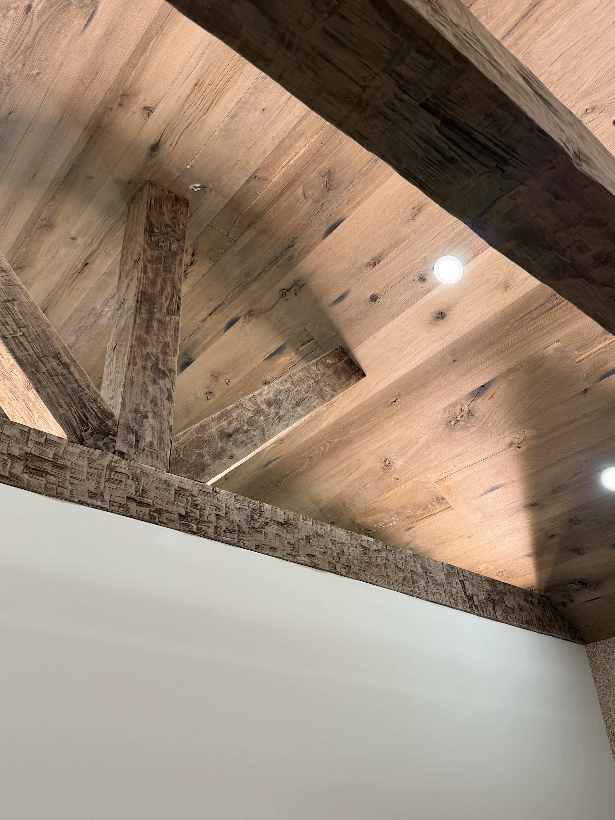 Timber ceiling and exposed beams at Hart Townhouse.