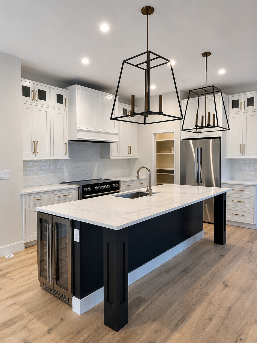 Quartz island countertop with tile backsplash