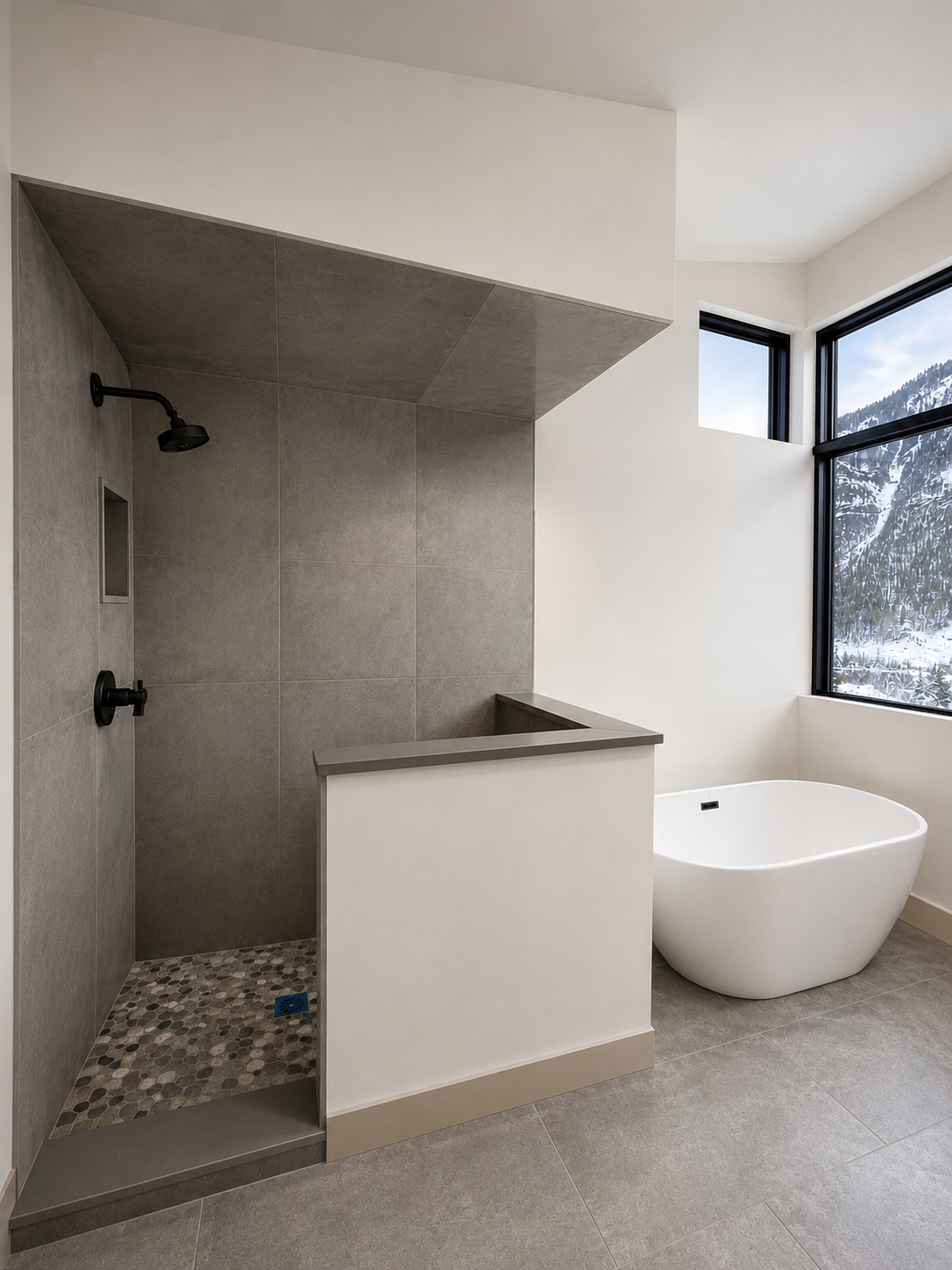 Walk-in shower in large-format porcelain tile with pebble floor