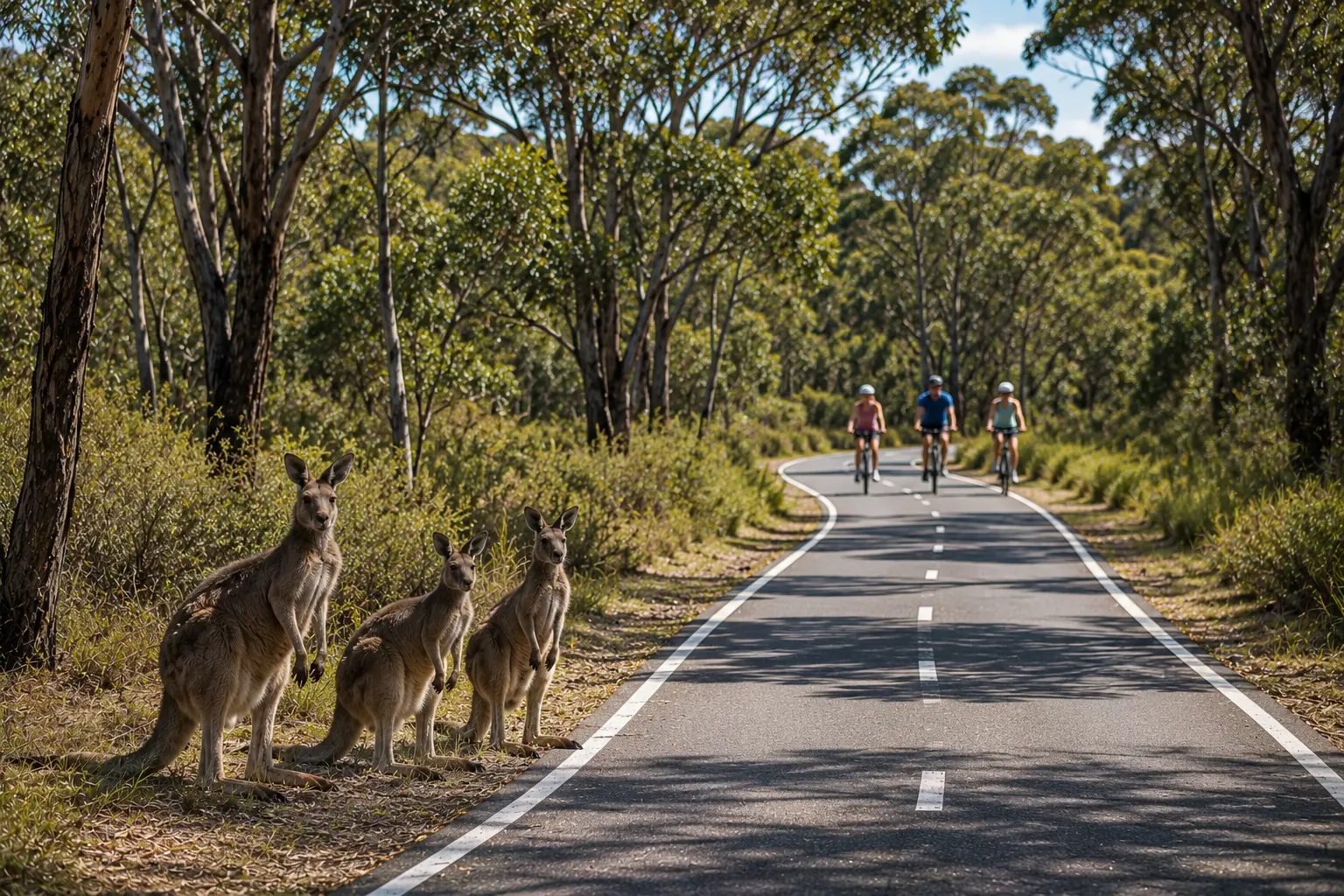 AI generated image of the proposed path with a group of cyclists riding along the path and a group of kangaroos sitting to the side on the edge of the bush.
