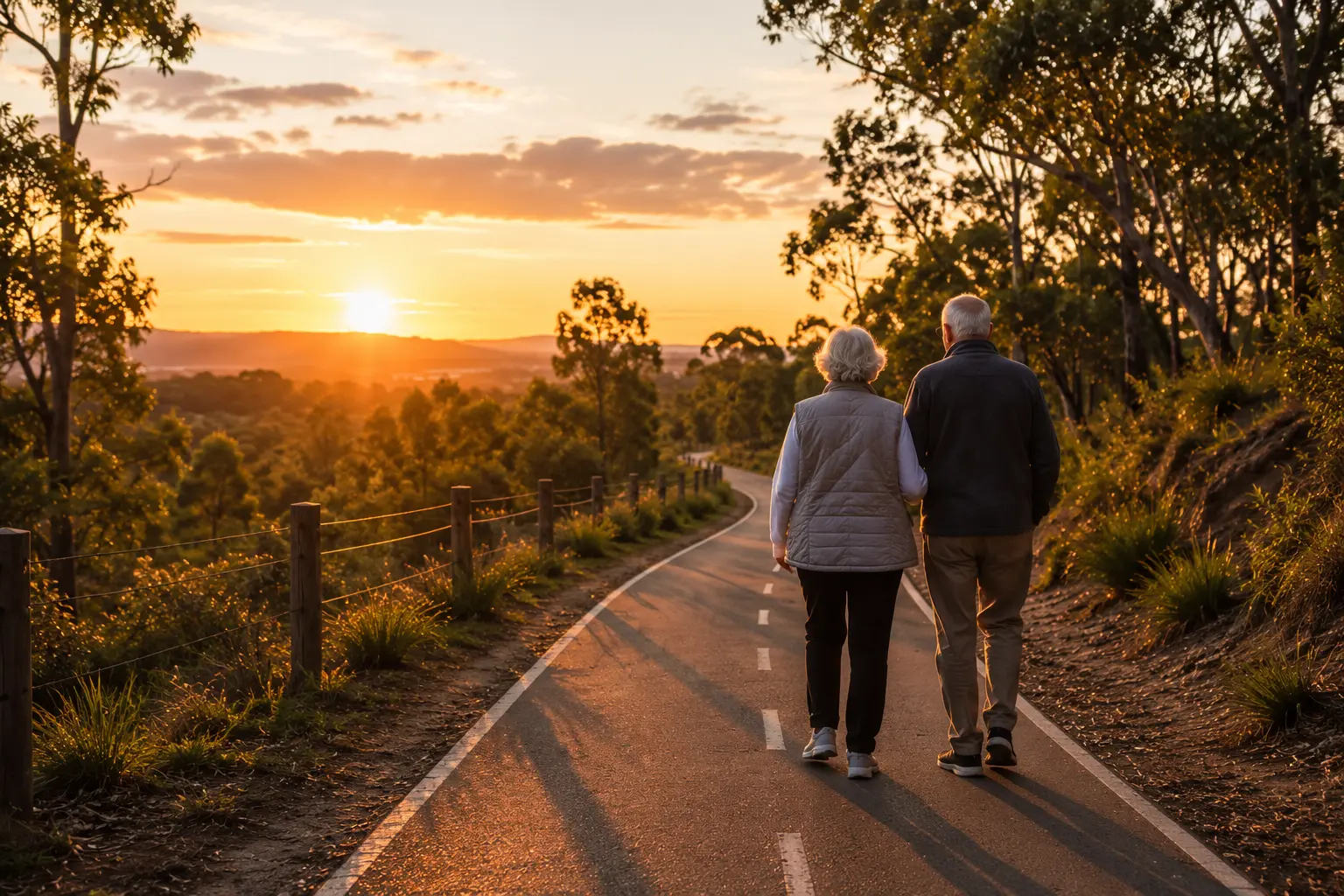 AI generated image of the proposed path with an elderly couple walking along at sunset.