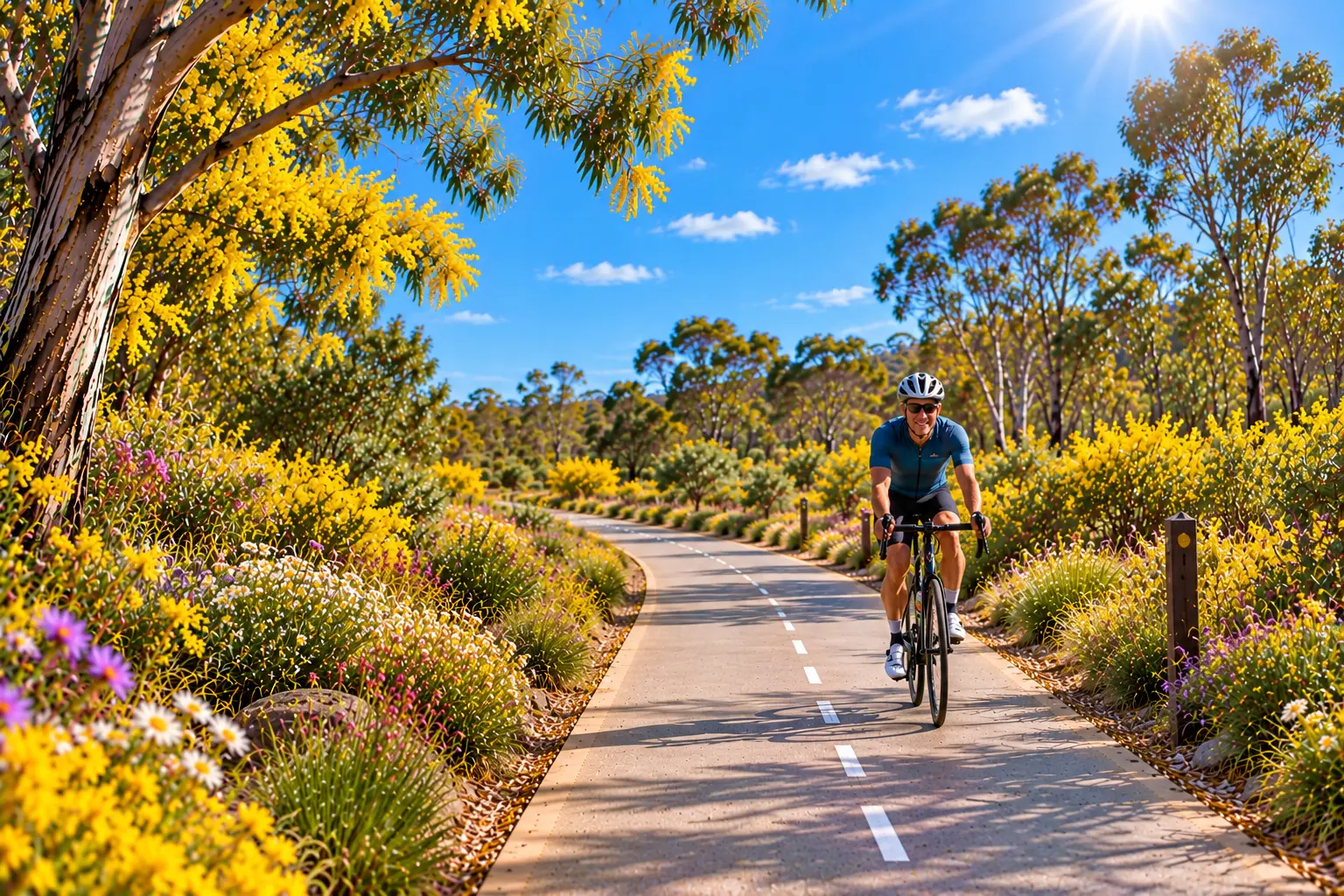 AI generated image of a man cycling along the proposed path surrounded by bush.