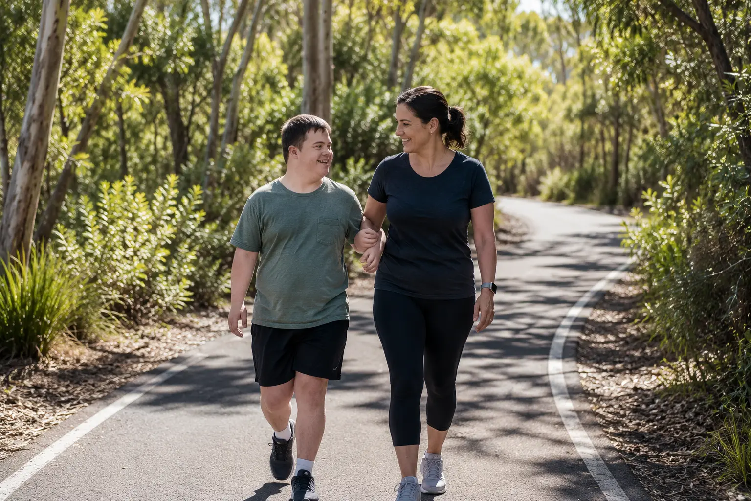 AI generated image of the proposed path with a mentally handicapped person and their carer walking along.