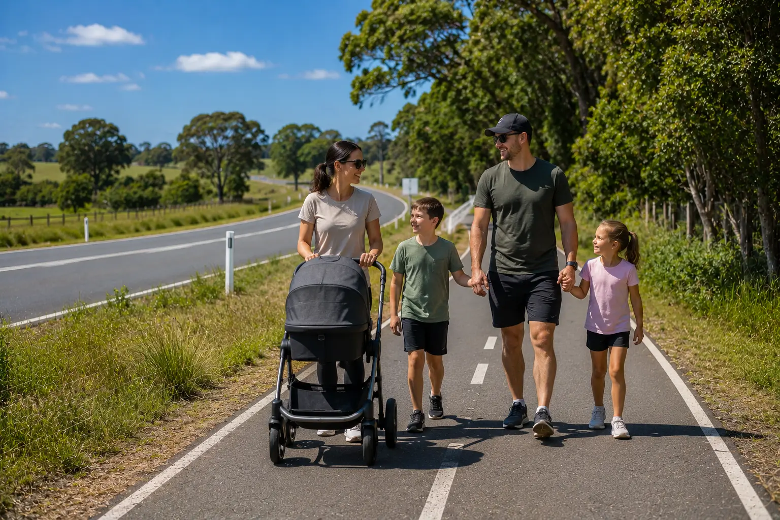 AI generated image of a family walking along the proposed path between a road and the bush.