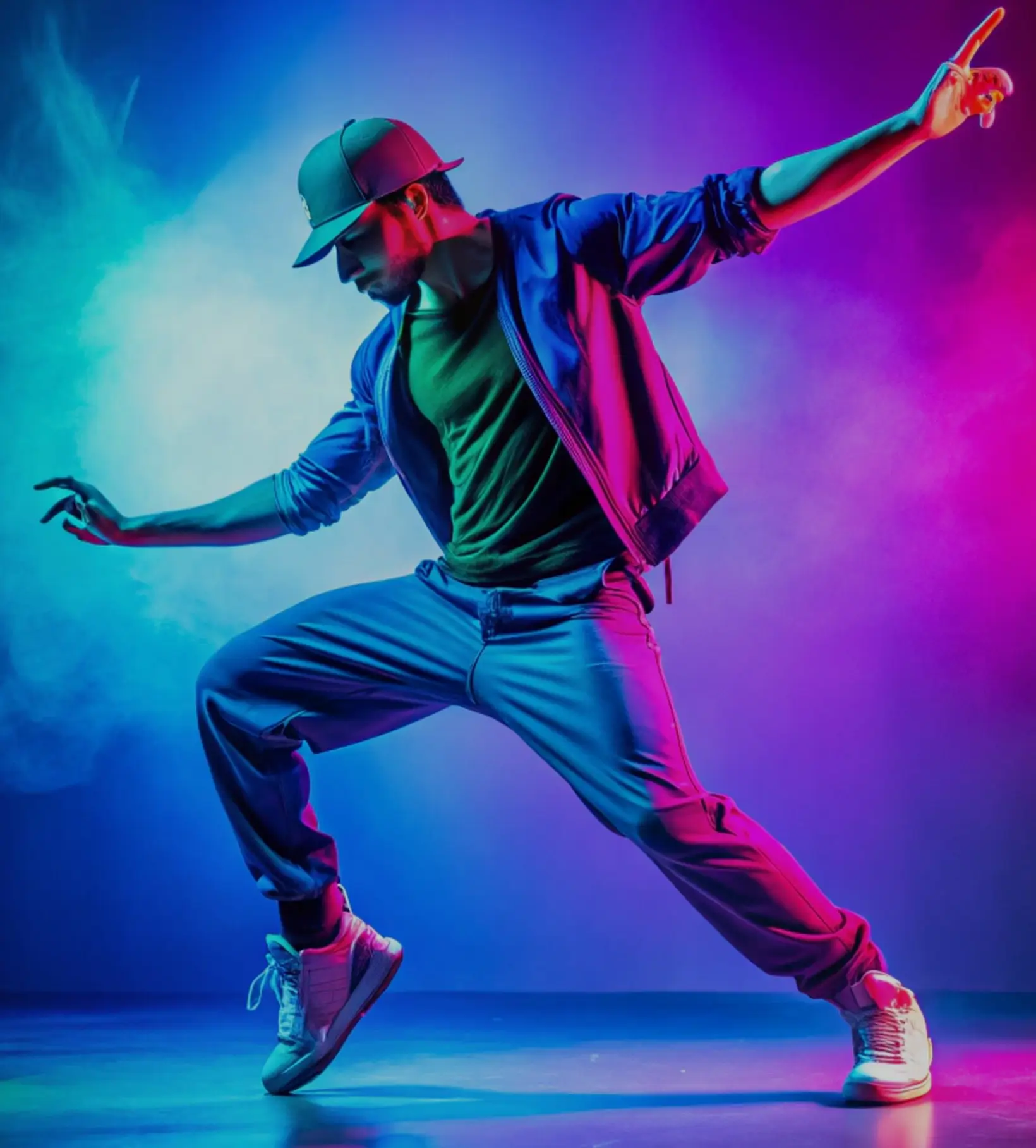 Male hip-hop dancer in a dynamic pose wearing a cap, jacket, and sneakers, illuminated by vibrant blue and pink stage lights against a smoky background.