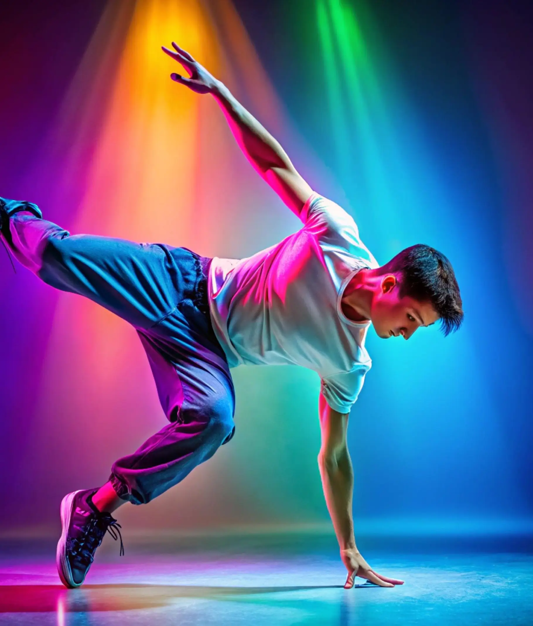 Young male dancer in a white t-shirt and blue pants performing a one-handed freeze dance move on a stage with colorful purple, orange, green, and blue spotlights in the background.
