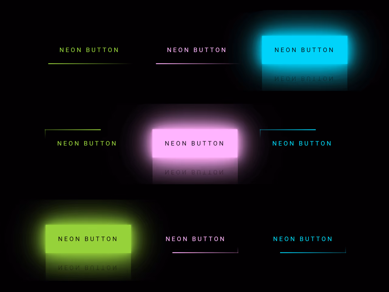 Examples of glowing neon buttons in green, pink, and blue showcasing glow effects in web design UI