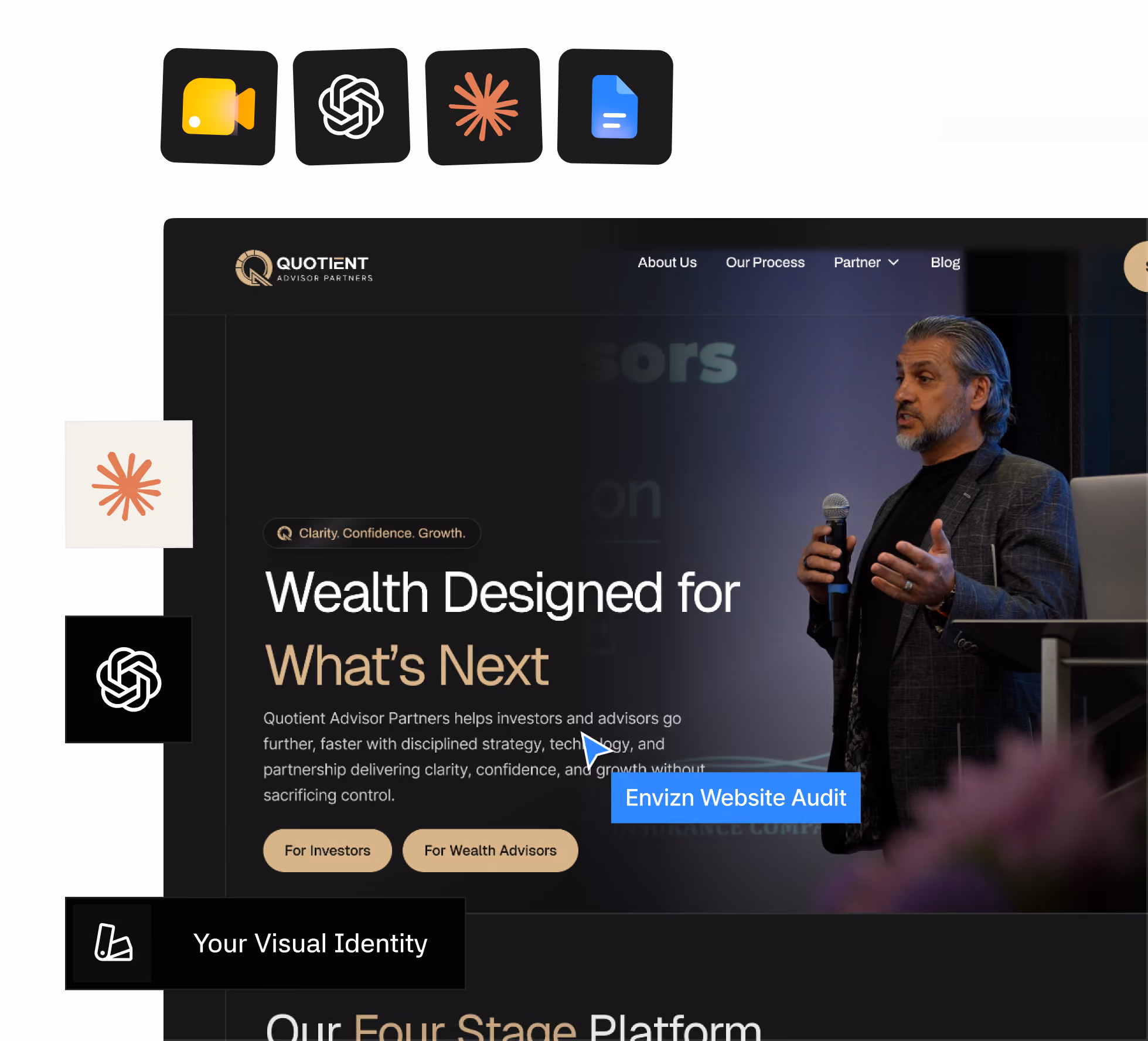 Website homepage of Quotient Advisor Partners featuring a man speaking with a microphone on the right, text stating 'Wealth Designed for What's Next,' and navigation options like About Us and Blog with a dark-themed layout and icons at the top.