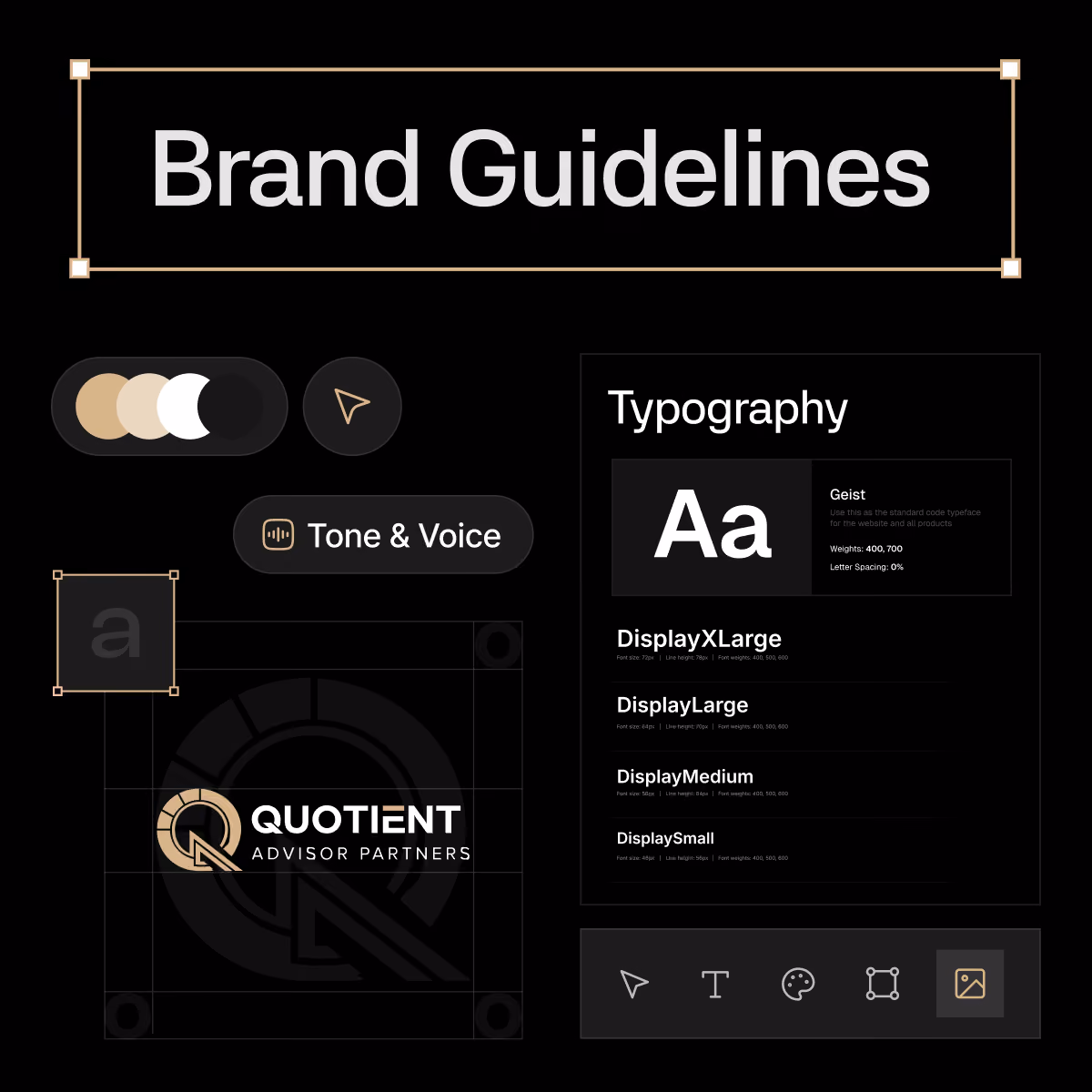 Brand Guidelines page showing a black background with beige and white design elements, including the QUOTIENT ADVISOR PARTNERS logo and typography details for the Geist font in various display sizes, and UI icons for tone and voice, text, color palette, and image layout.
