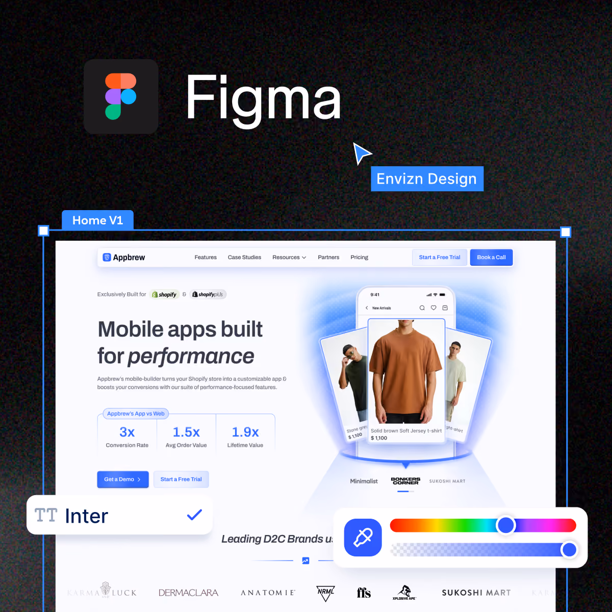 A Figma design interface showing a webpage for Appbrew, a Shopify app builder featuring mobile apps built for performance with conversion stats and product images of a solid brown soft jersey T-shirt. The interface includes toolbars with font options set to Inter and a color picker.