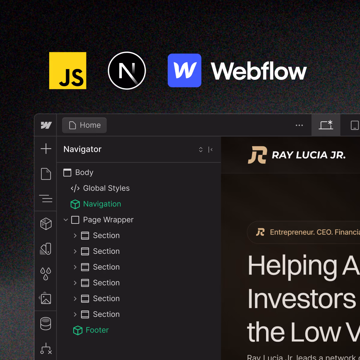 Screenshot of Webflow design interface showing the Navigator panel with sections like Body, Global Styles, Navigation, Page Wrapper, and Footer; above are logos for JavaScript, Next.js, and Webflow.