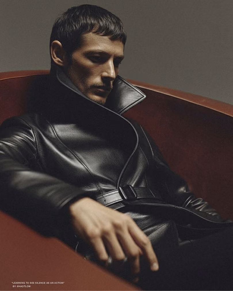 Man in a black leather coat reclining in a red armchair