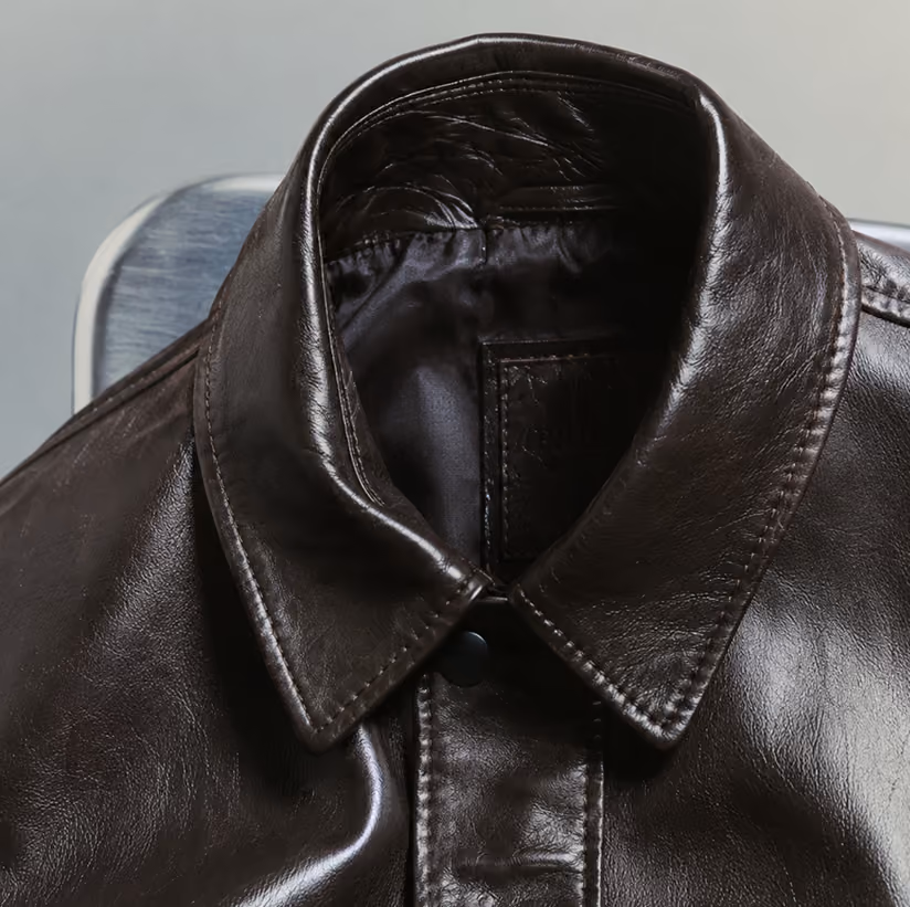 Close-up of a dark leather jacket collar