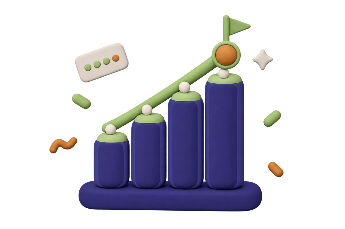 A rising bar chart with a flag at the top