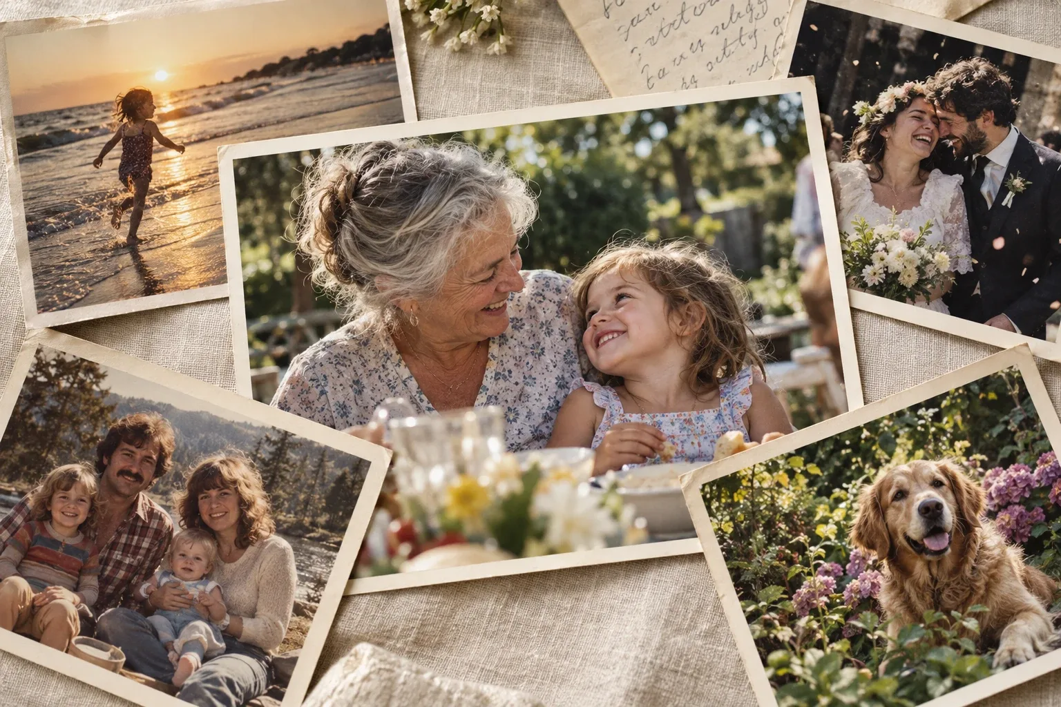 A collage of family photos: a child on the beach at sunset, a grandmother and granddaughter laughing, a wedding, a family picnic, and a golden retriever in a garden