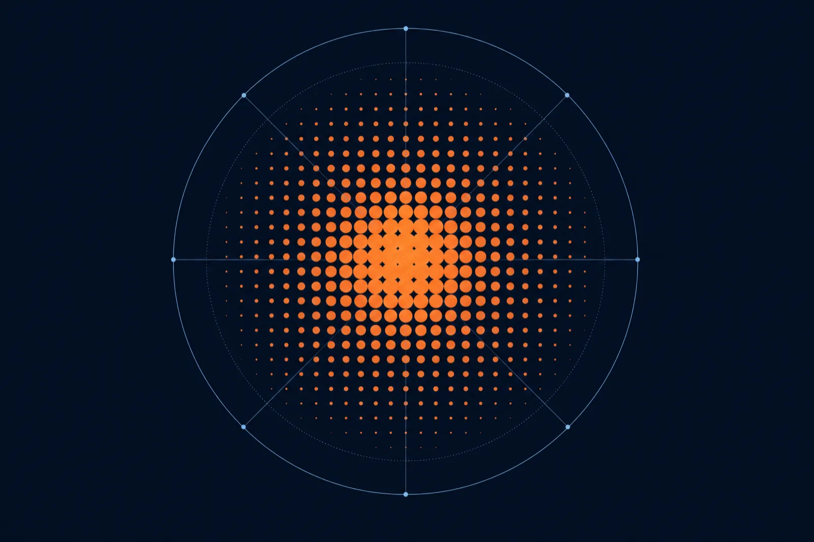 Halftone dot gradient in orange on deep navy