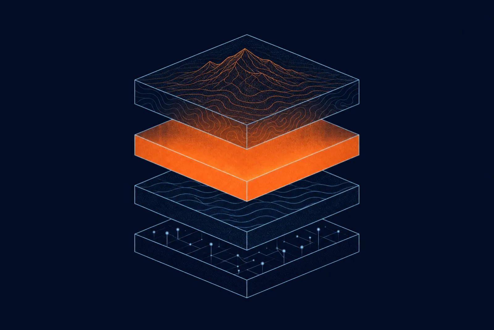 Thin-line isometric blocks with one filled orange