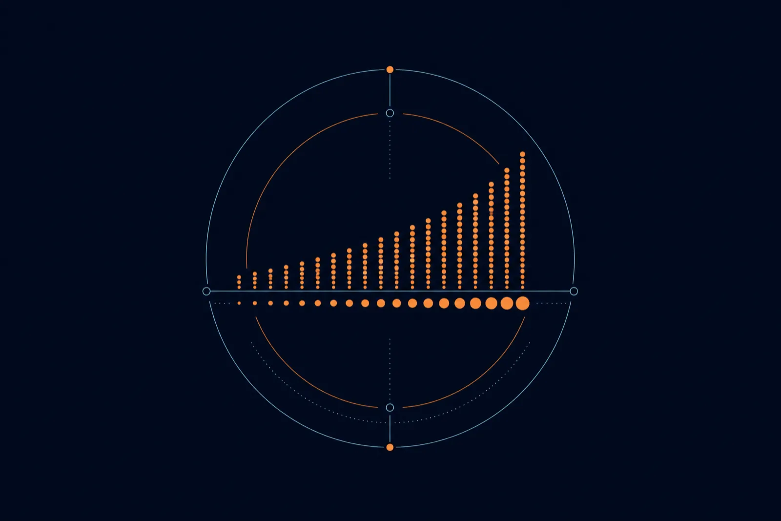 Halftone dot gradient in orange on deep navy