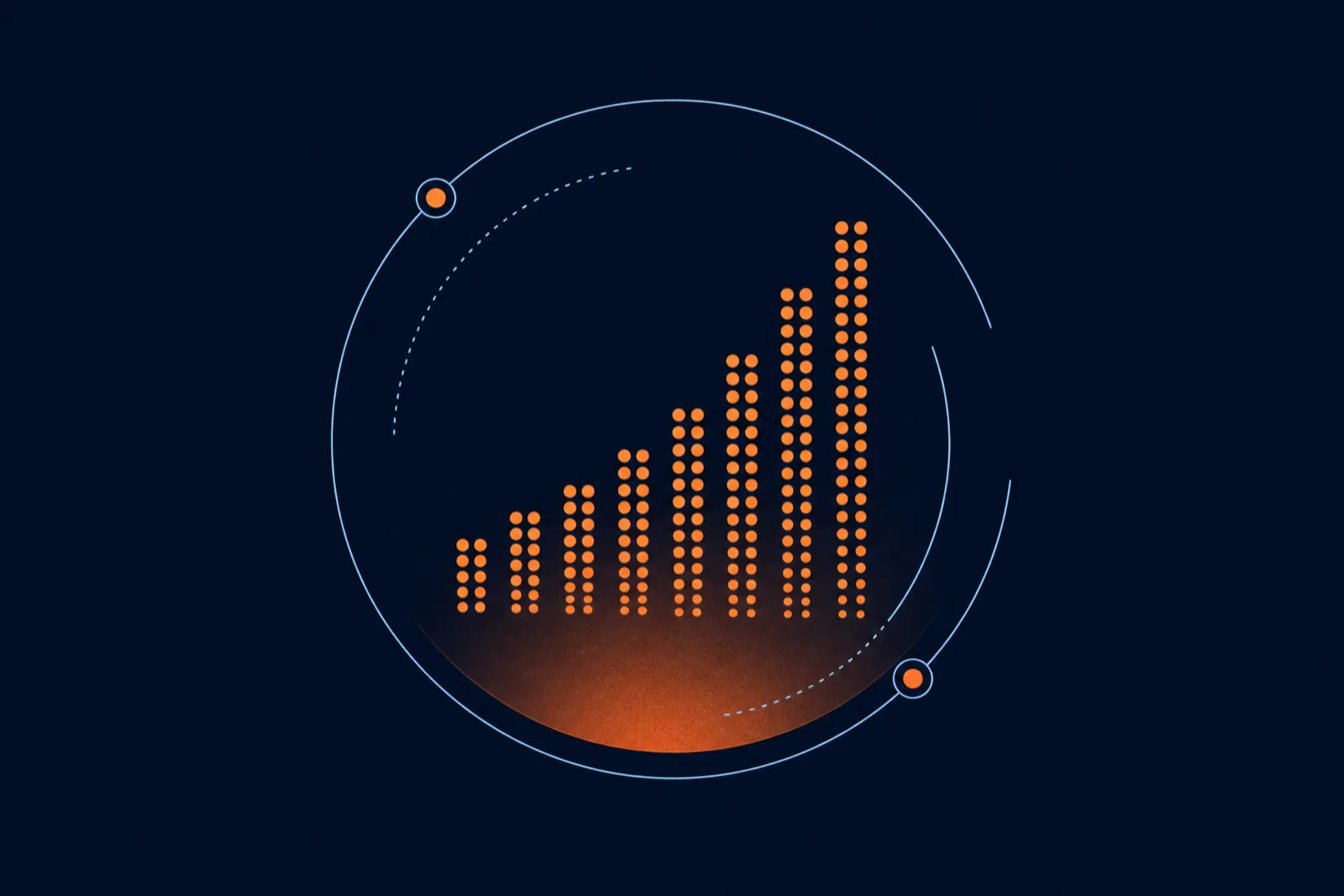 Halftone dot gradient in orange on deep navy