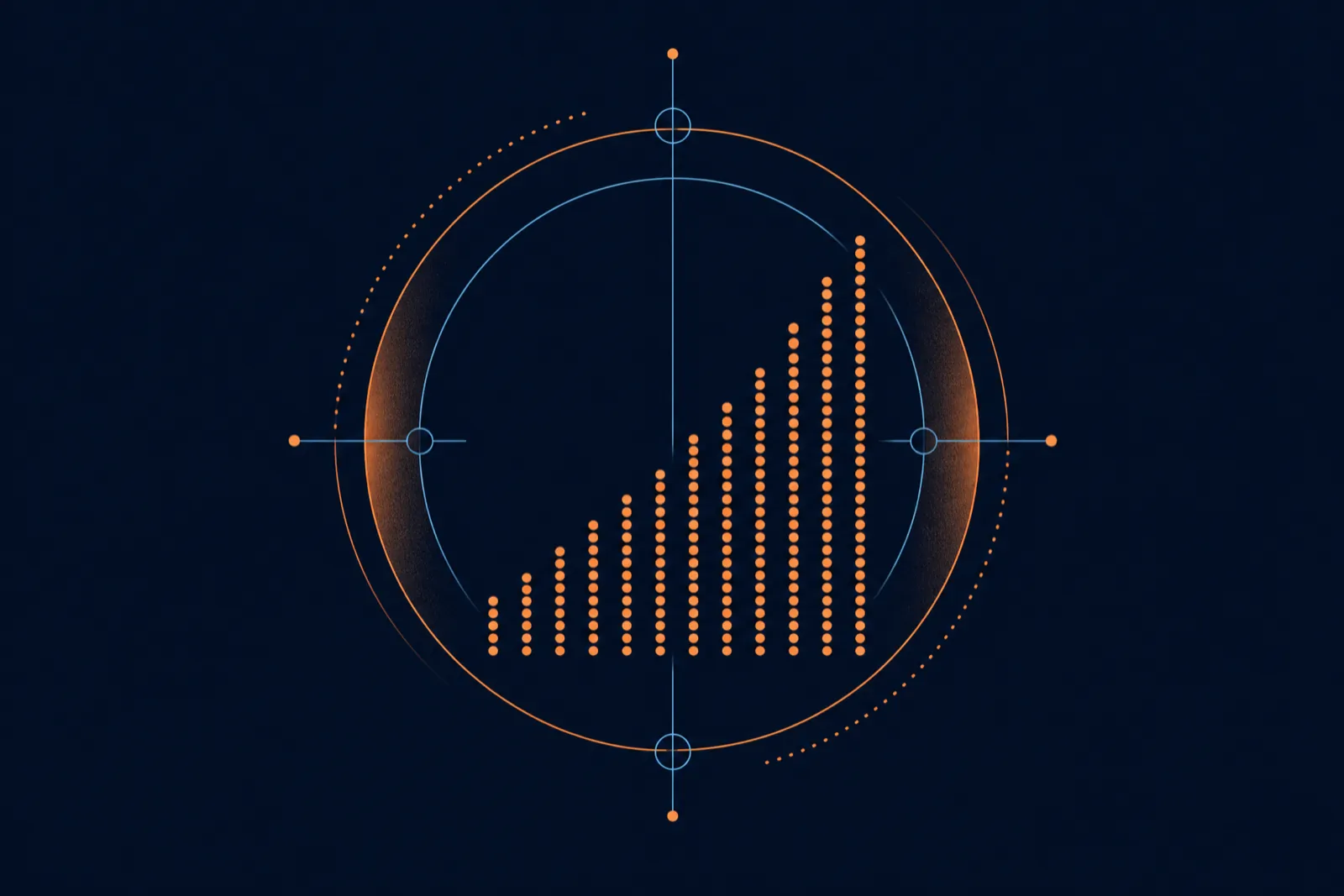 Halftone dot gradient in orange on deep navy