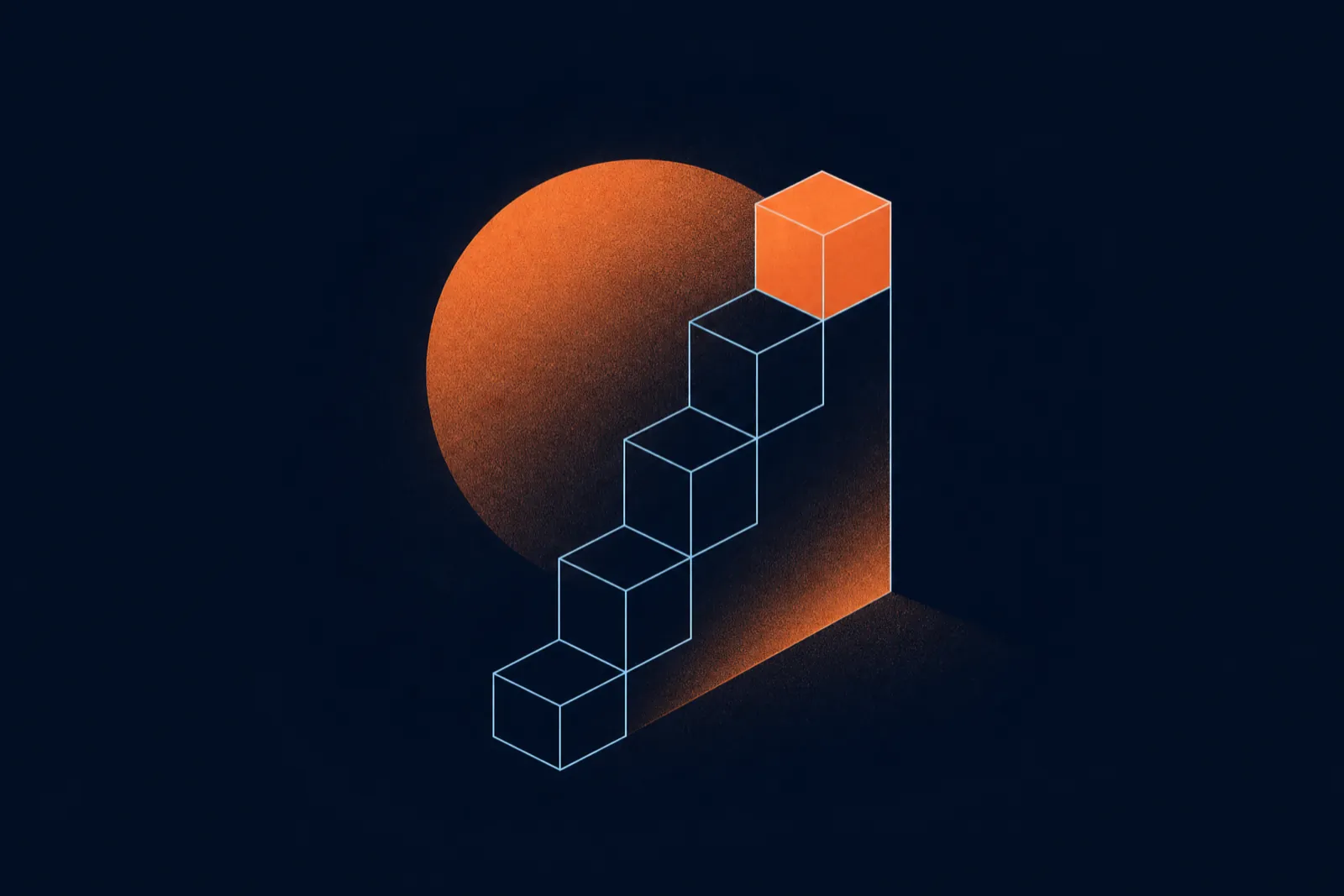 Thin-line isometric blocks with one filled orange