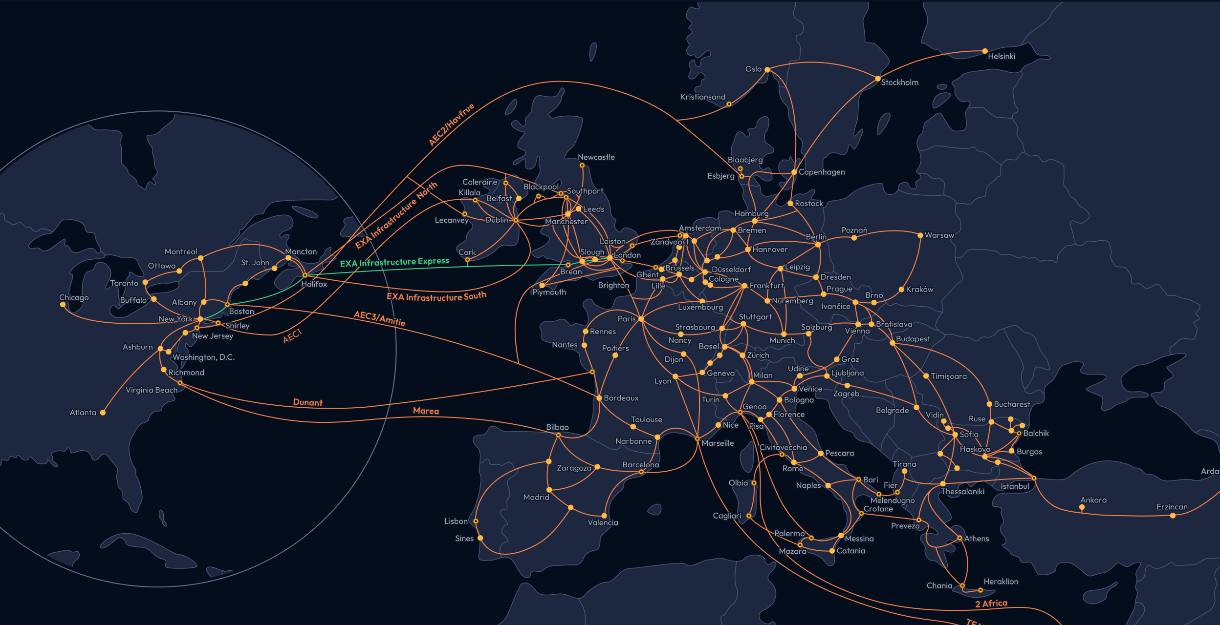 EXA terrestrial and subsea network map